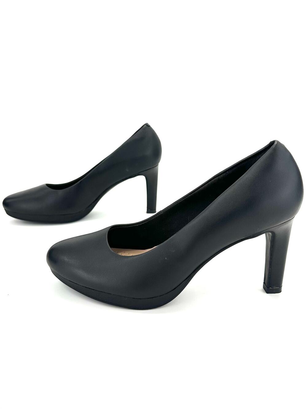 Clarks Collection High Heel Pump Sz 8.5 Black Leather Mini-Platform Padded Comfy